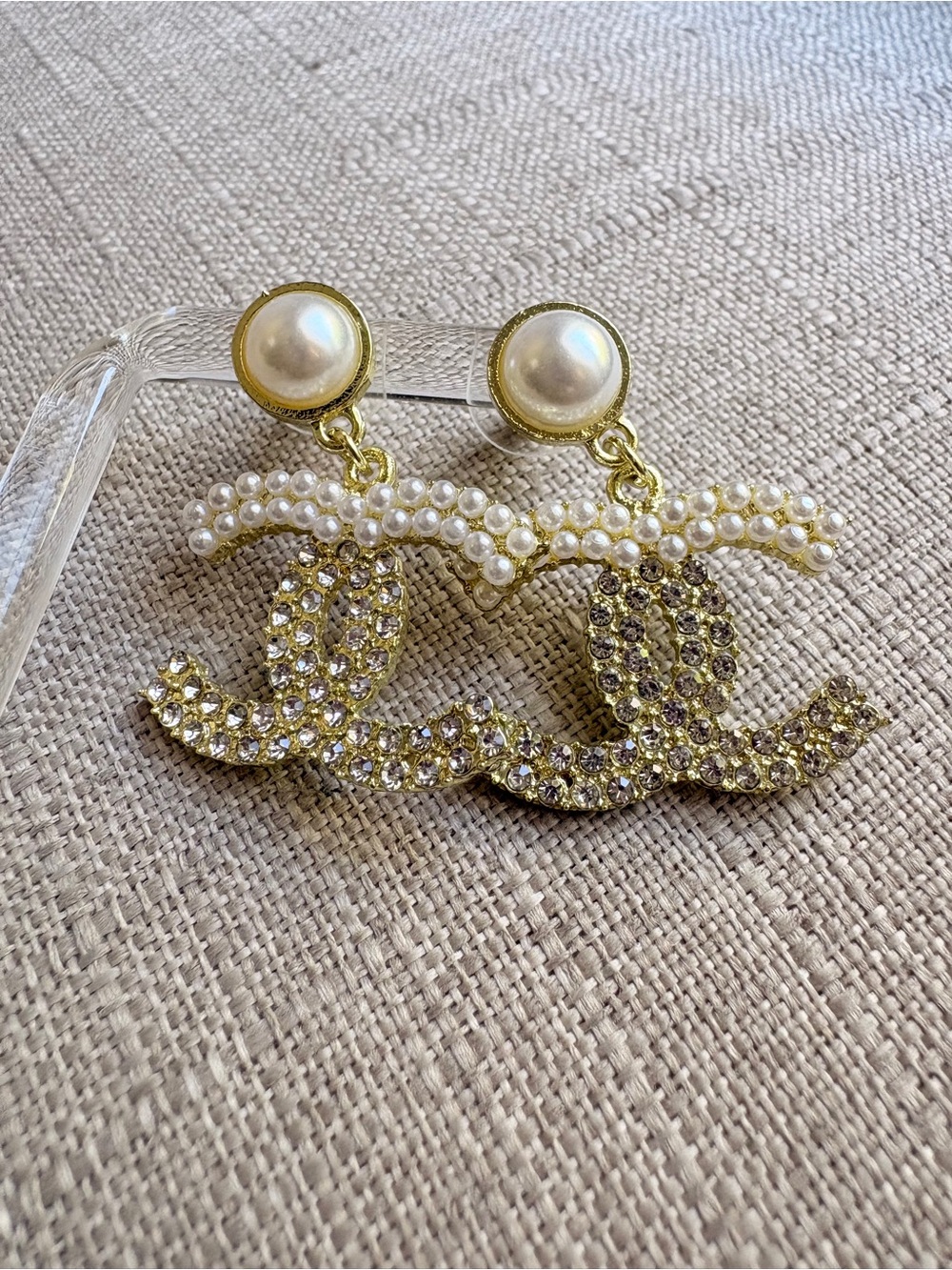 CHANEL Gold and Pearl Crystal CC Drop Earrings
